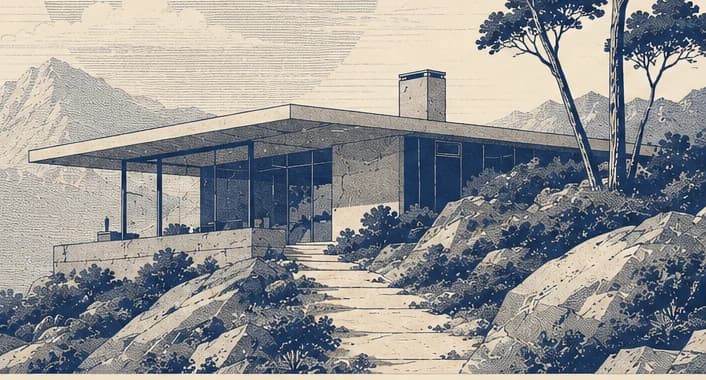 Engraved illustration of a modernist house set into a hillside.